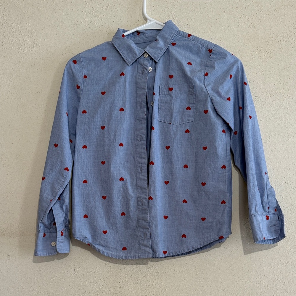 Crewcuts Blue Button Down Shirt with Red Hearts